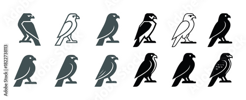 Collection of bird icons featuring stylized falcons in various poses and colors
