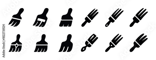 Silhouette collection of various paintbrush icons in black and white