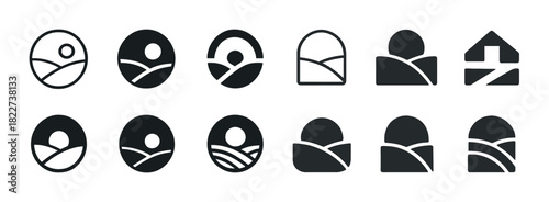 Minimalist nature icons collection featuring landscapes and hills