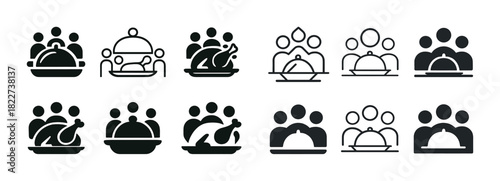 Dining icon set: food, guests, dish, diverse, meal