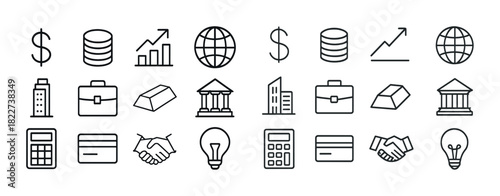 Financial and business icons: dollar, coin, graph, globe, building, briefcase, gold, bank, card, handshake, lightbulb
