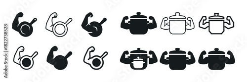 Strong arm cookware icons: muscular cooking pot and pan symbols
