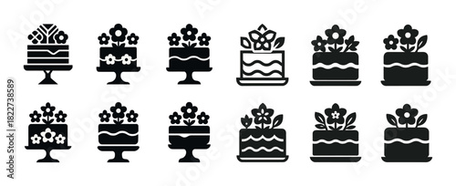 Black and white floral cake icons collection
