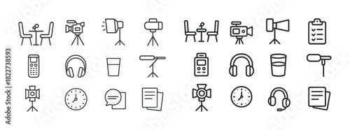 Set of media equipment icons including cameras, microphones, and headphones
