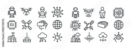 Futuristic technology icons: ai, robots, drones, vr, iot, and networks