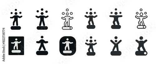 Icon set: silhouette juggling figures and balancing poses in black and white