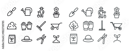 Gardening tools and icons set: shovel, watering can, plants, gloves, wheelbarrow