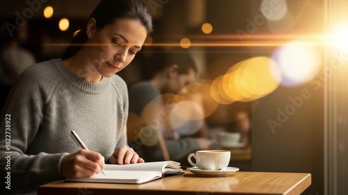 Woman writing in notebook at cafe with coffee sunlit background