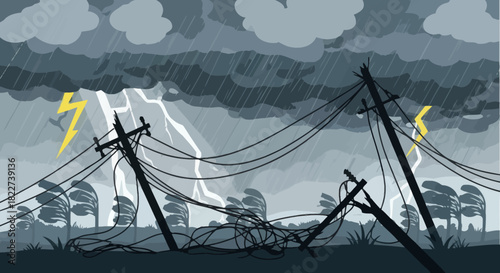 Stormy Weather Destroys Power Lines and Utility Poles.