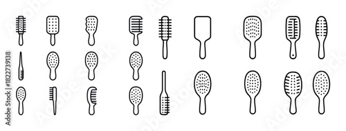 Set of various hair brush and comb icons in black outline on white background
