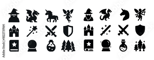 Fantasy icons: wizard, dragon, unicorn, fairy, castle, sword, shield, magic, potion, forest