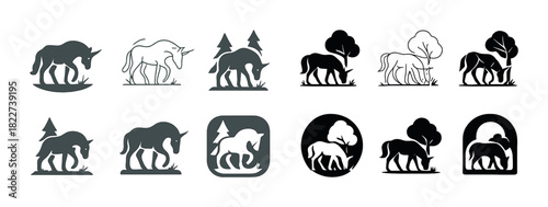 Monochrome unicorn silhouettes in nature scenes