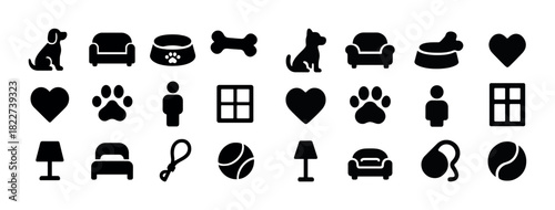 Pet and home icon set featuring dogs, furniture, and accessories