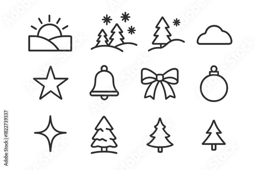 Christmas Morning Icons. Christmas Morning Hills. Line outline icon set of Christmas Morning Hills: sun rising