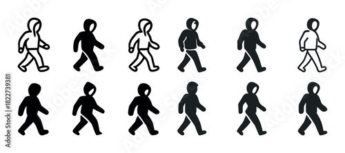 Silhouette figures in walking poses in black and white