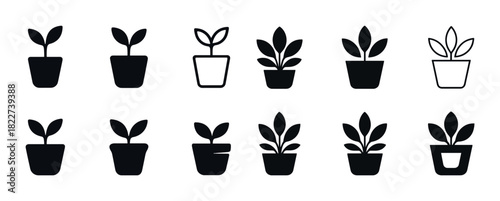 Set of twelve black and white plant icons in pots