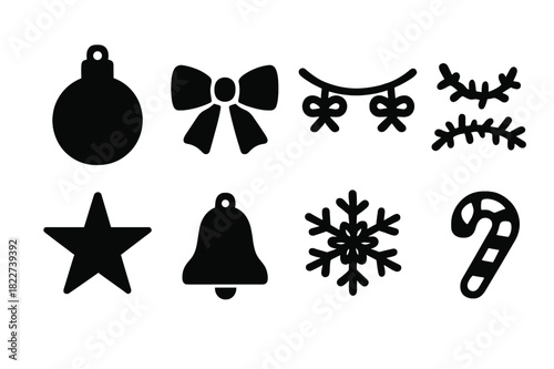 Christmas Ornament Set. Christmas ornaments. Filled icon set of Christmas ornaments: bauble, ribbon bow,