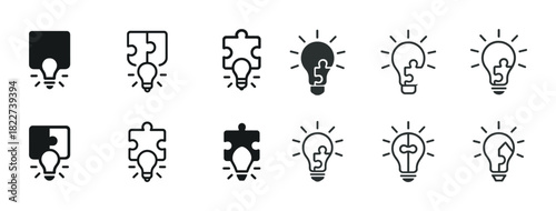Puzzle piece lightbulb icons collection