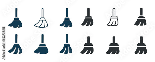 Set of twelve broom icons in black and blue variations