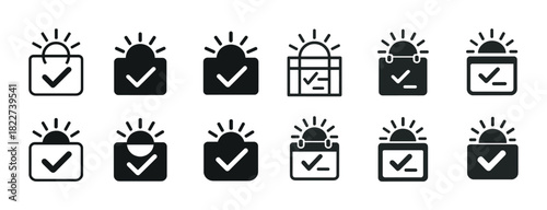Set of twelve icon designs featuring checkmarks and sunbursts in black and white