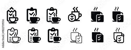 Coffee checklists and icons set featuring cups and checkmarks