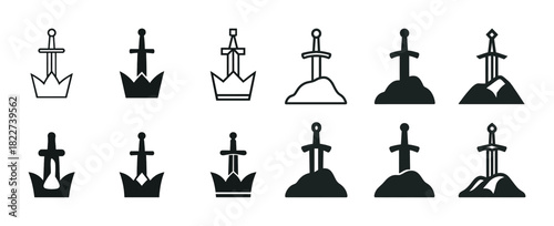 Sword and crown silhouettes set: emblems, icons, collection