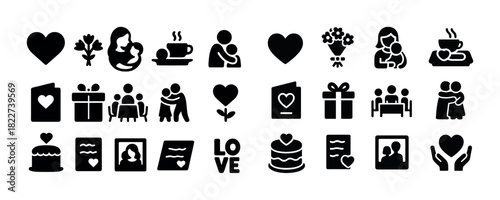 Mother's day icons: hearts, gifts, family, coffee, flowers