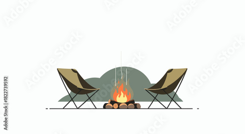 Two camping chairs facing a warm campfire under a night sky.