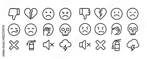 Simple black and white sadness and warning icons set with emotions and symbols