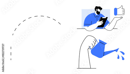 Person with tablet, hand pouring water from watering can, thumbs up representing encouragement and support. Ideal for growth, success, teamwork, feedback, development nurturing motivation. Clean