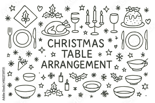 Christmas Table Illustration. Christmas table arrangement. Hand-drawn doodle illustration of Christmas table