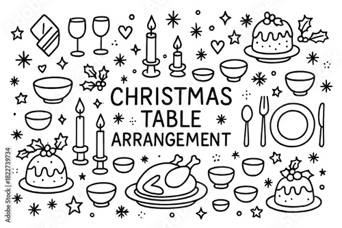 Christmas Table Illustration. Christmas table arrangement. Hand-drawn doodle illustration of Christmas table
