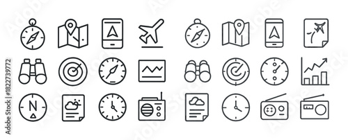 Collection of navigation and travel icons including compass, map, gps, and airplane