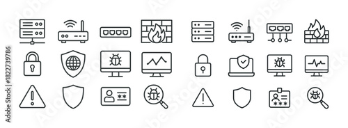 Cybersecurity and network technology icons set with firewall and lock symbols
