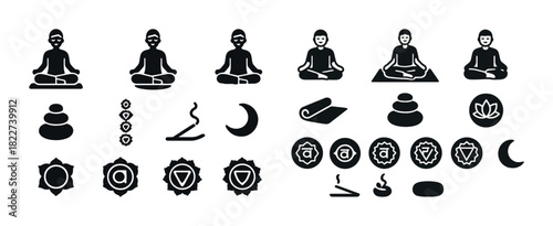Yoga meditation icons: chakra symbols, incense, lotus, rocks, moon, mat