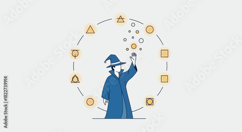 Wizard casting a spell with magical symbols in a circular pattern.