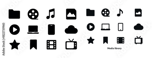 Media icons set: folder, film, music, image, cloud, tv, play button, laptop