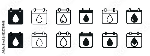 Black and white water drop calendar icons set in various styles