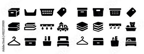 Collection of household storage and organization icons in black silhouette