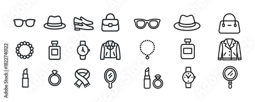 Fashion accessories icons: glasses, hat, shoes, bag, jewelry, perfume, lipstick