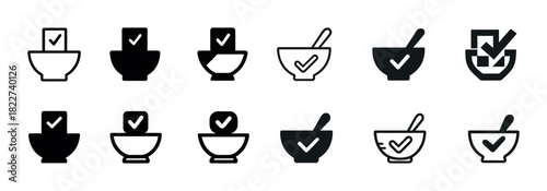 Check mark icons: voting, bowls, mortars, and pestles in black and white