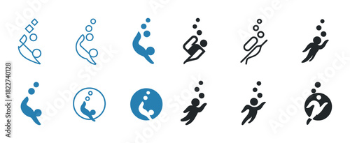 Diving icons collection: blue and black underwater silhouettes