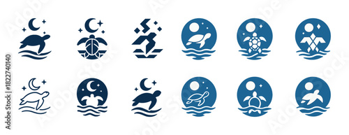 Blue turtle moon designs: symbolic ocean and celestial icon set