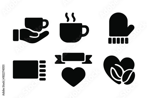 Coffee Icon Collection. Coffee time. Filled icon set of coffee time: gloved hand, coffee cup, steaming mug,