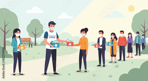 Volunteers Distributing Food to People in a Park During a Pandemic.