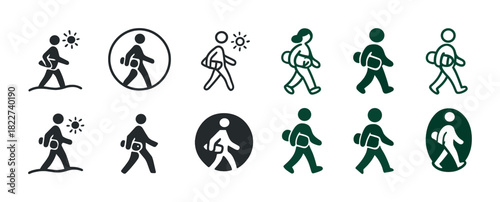 Walking person icons: hiking, backpack, direction, outdoors, symbol