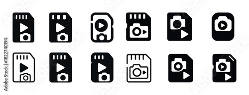 Set of 12 digital media and camera icons in black and white