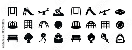 Playground icons set: swings, slides, sandbox, bench, kite, backpack
