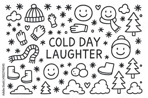 Cold Day Laughter. Cold day laughter. Hand-drawn doodle illustration of Cold day laughter. snowflakes, hats,