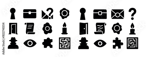 Mystery icons set: keyhole, envelope, puzzle, candle, detective silhouettes